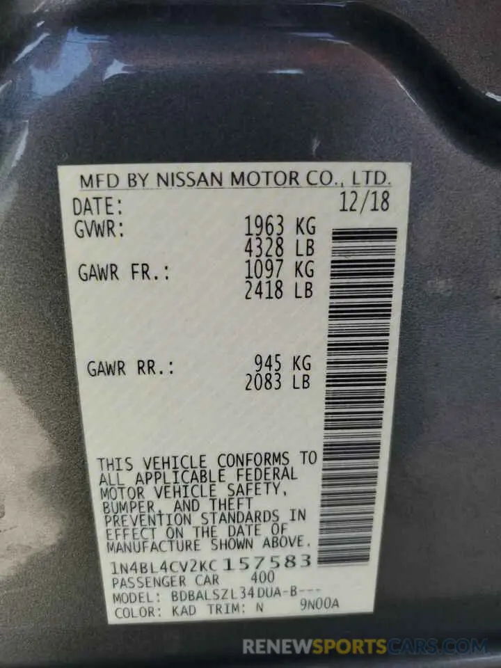 13 Photograph of a damaged car 1N4BL4CV2KC157583 NISSAN ALTIMA 2019