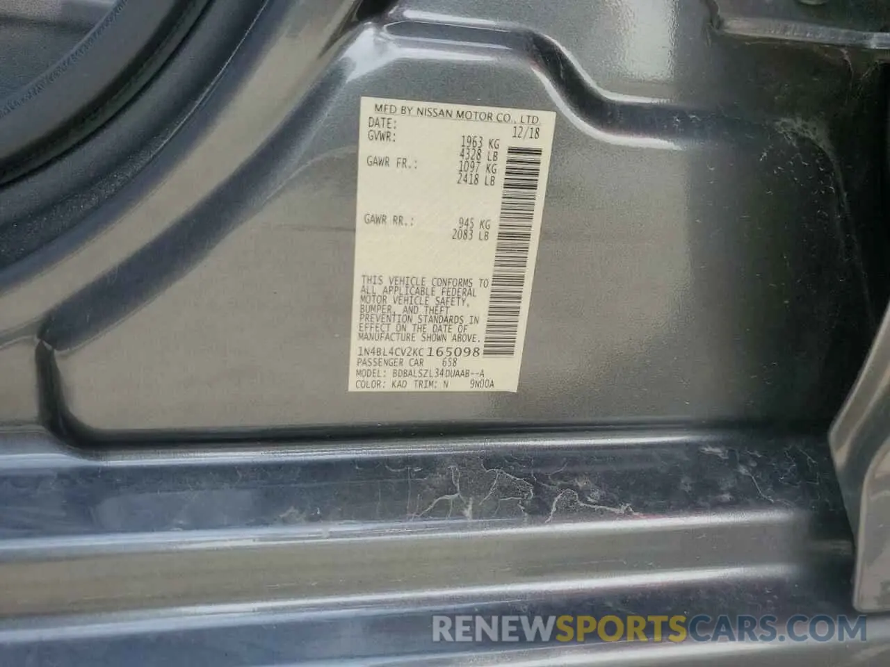 12 Photograph of a damaged car 1N4BL4CV2KC165098 NISSAN ALTIMA 2019