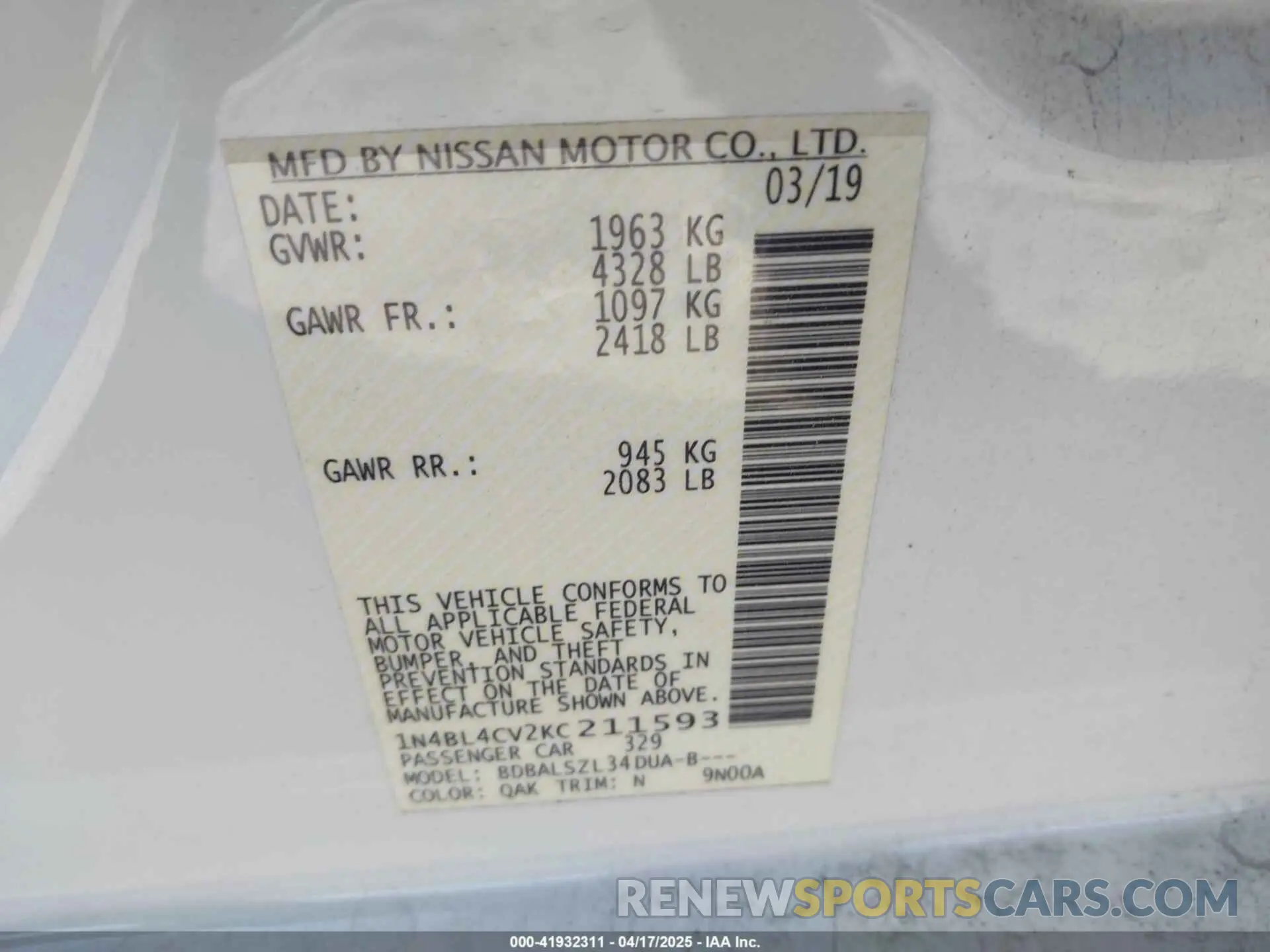 9 Photograph of a damaged car 1N4BL4CV2KC211593 NISSAN ALTIMA 2019