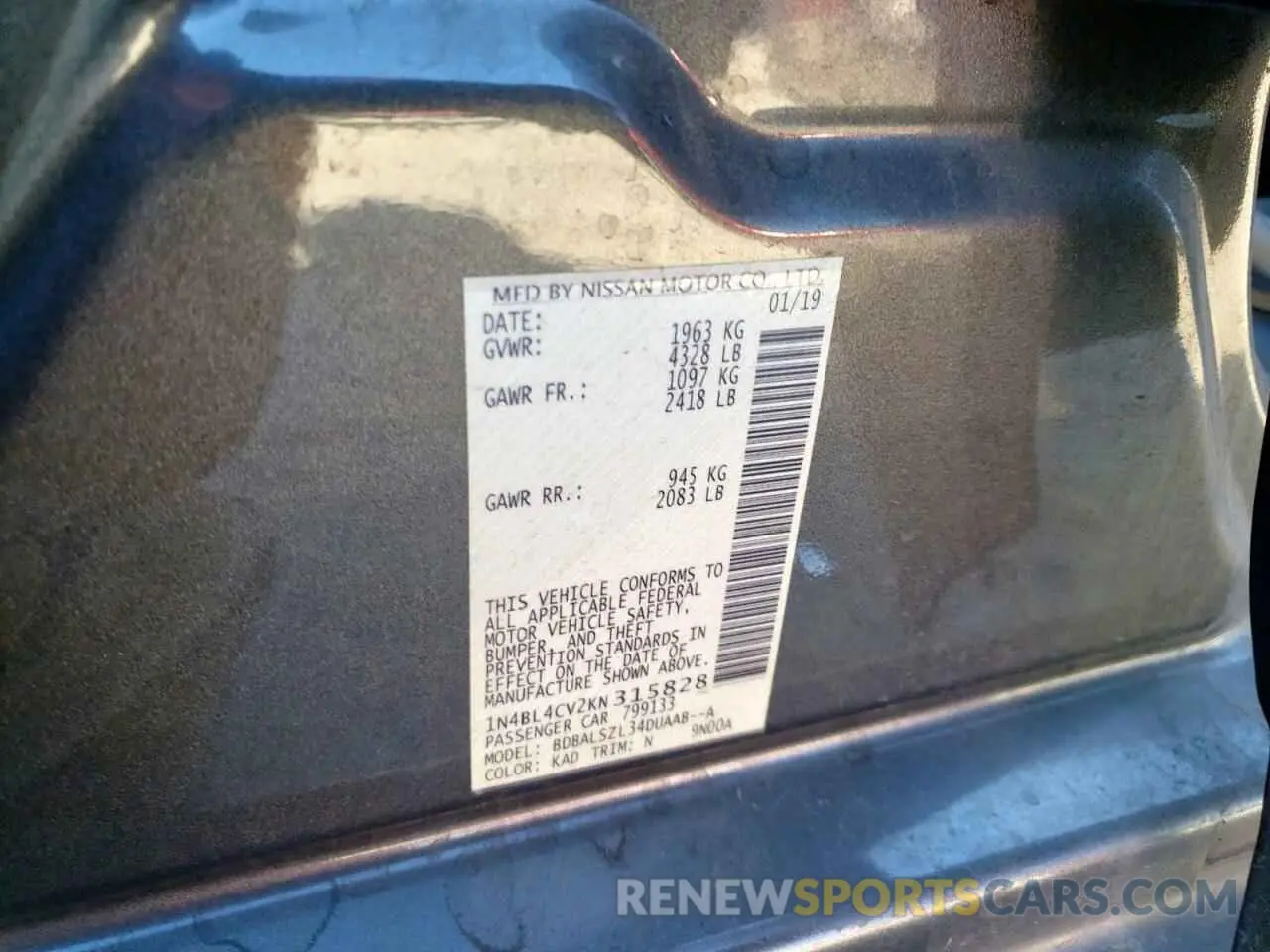 14 Photograph of a damaged car 1N4BL4CV2KN315828 NISSAN ALTIMA 2019