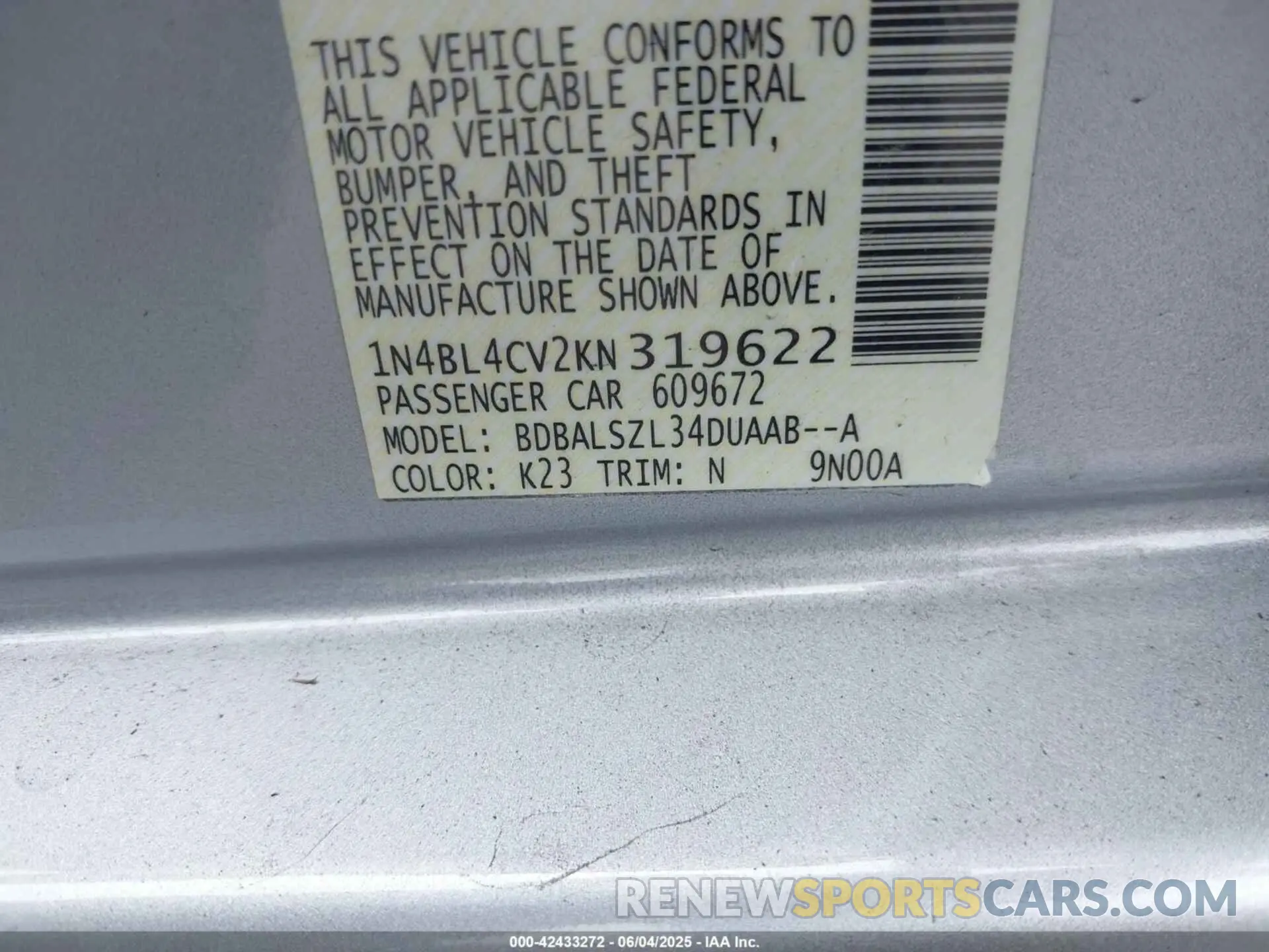 9 Photograph of a damaged car 1N4BL4CV2KN319622 NISSAN ALTIMA 2019