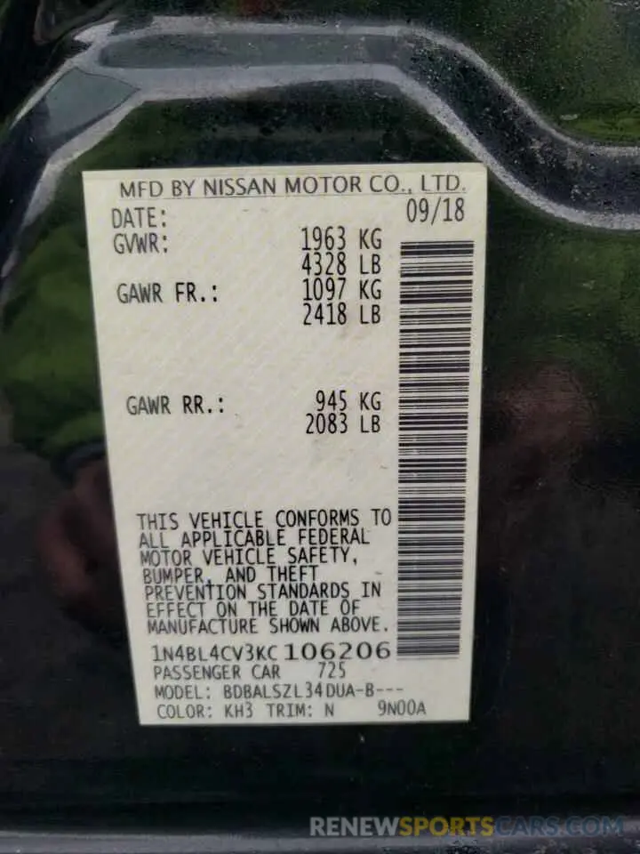 12 Photograph of a damaged car 1N4BL4CV3KC106206 NISSAN ALTIMA 2019