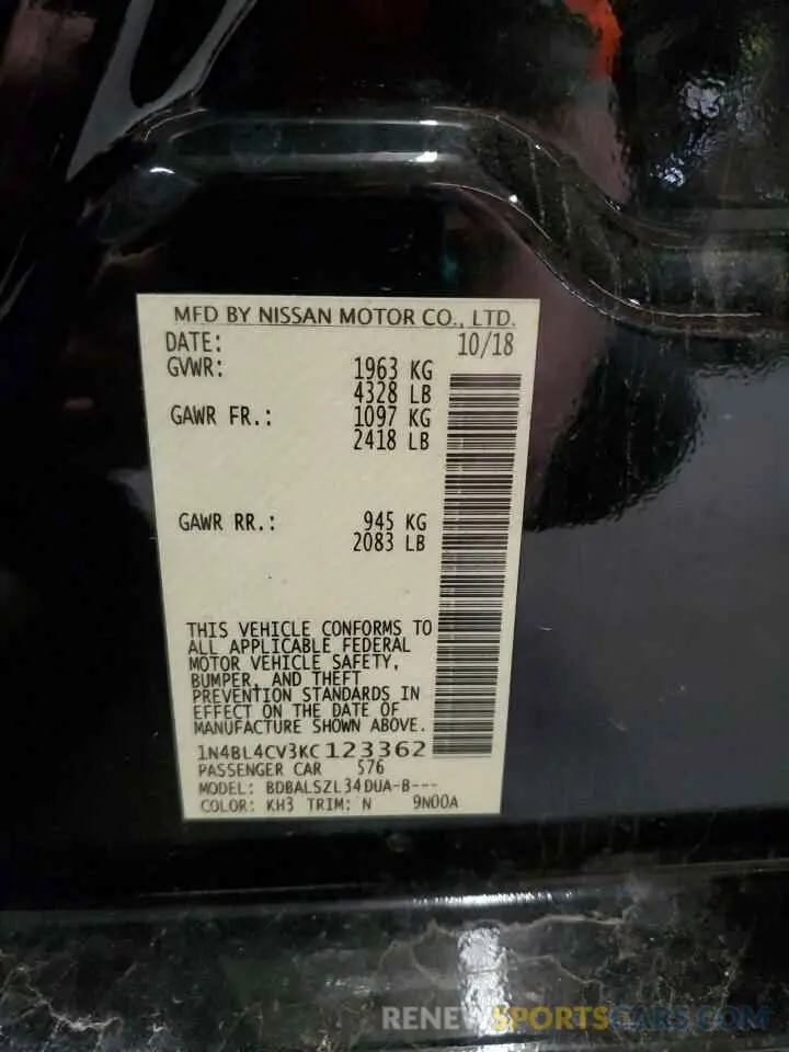 12 Photograph of a damaged car 1N4BL4CV3KC123362 NISSAN ALTIMA 2019