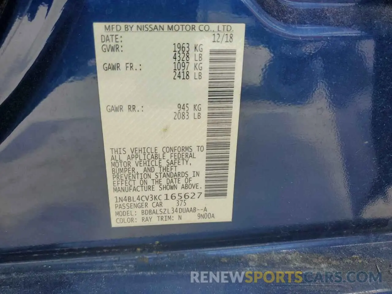 13 Photograph of a damaged car 1N4BL4CV3KC165627 NISSAN ALTIMA 2019