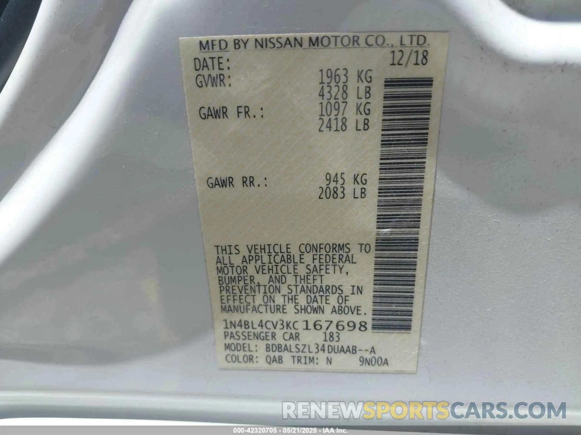 9 Photograph of a damaged car 1N4BL4CV3KC167698 NISSAN ALTIMA 2019