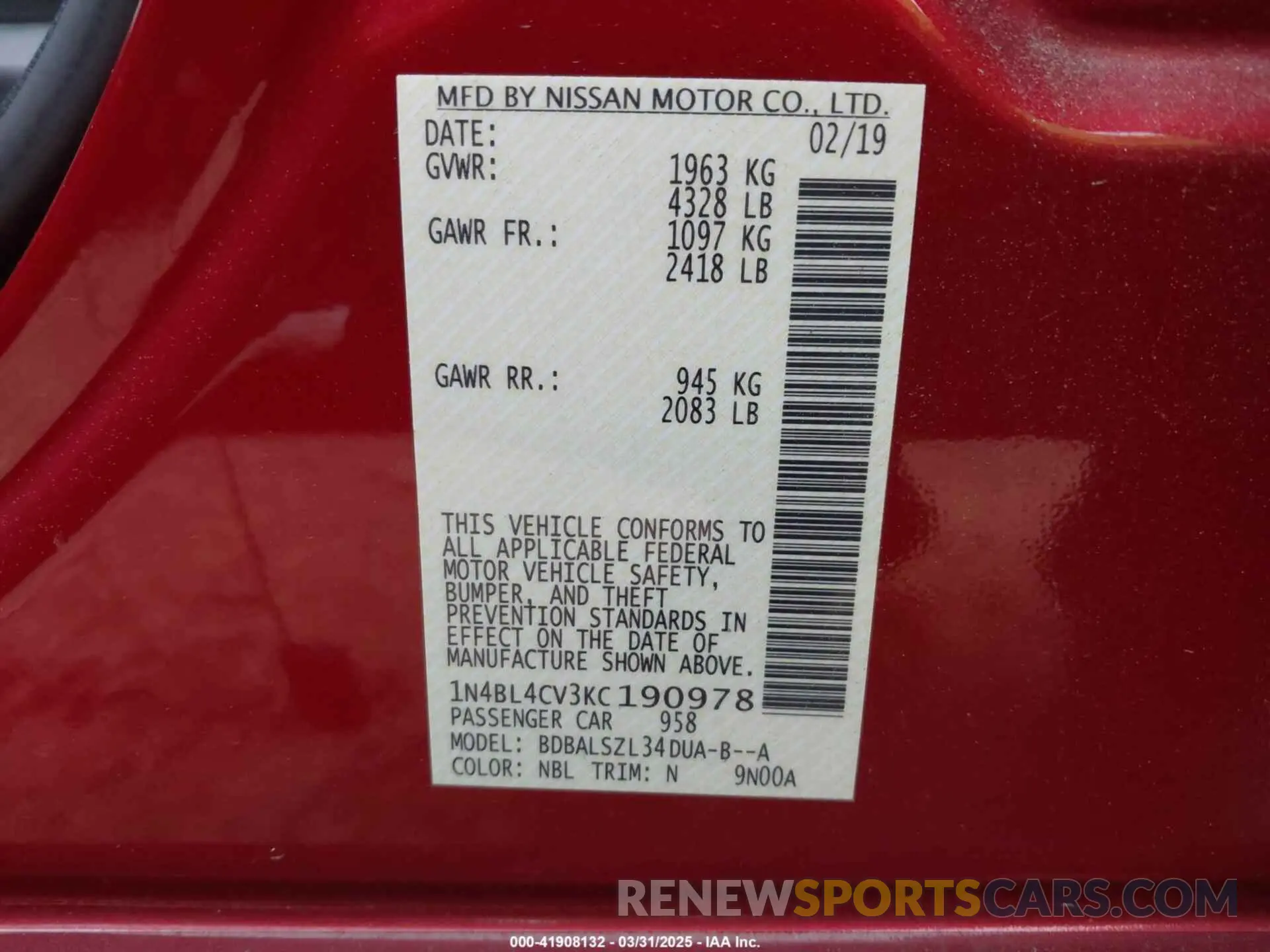 9 Photograph of a damaged car 1N4BL4CV3KC190978 NISSAN ALTIMA 2019