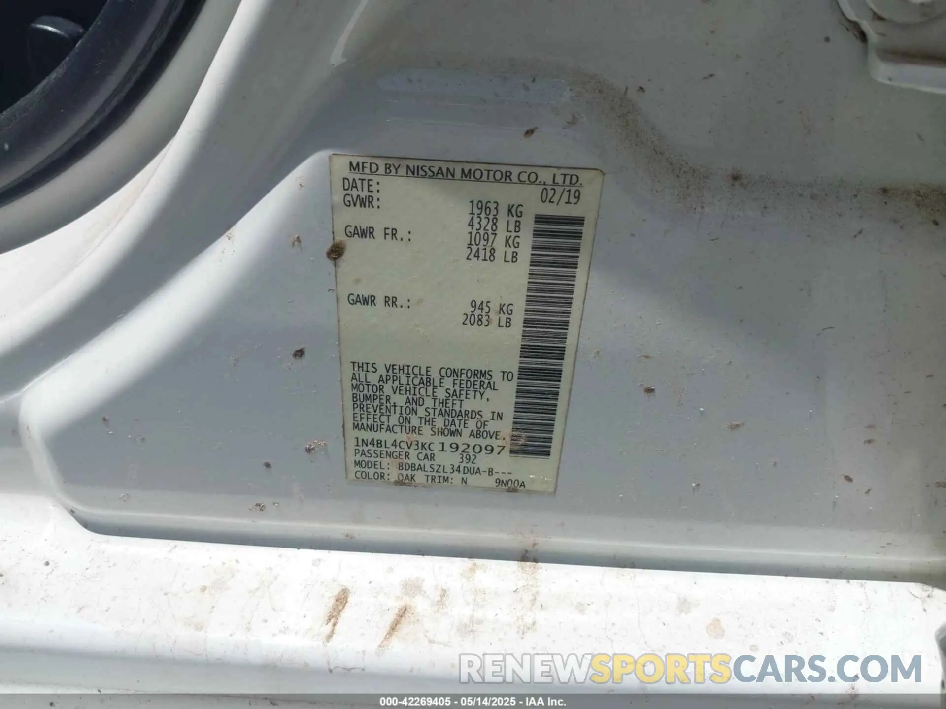 9 Photograph of a damaged car 1N4BL4CV3KC192097 NISSAN ALTIMA 2019