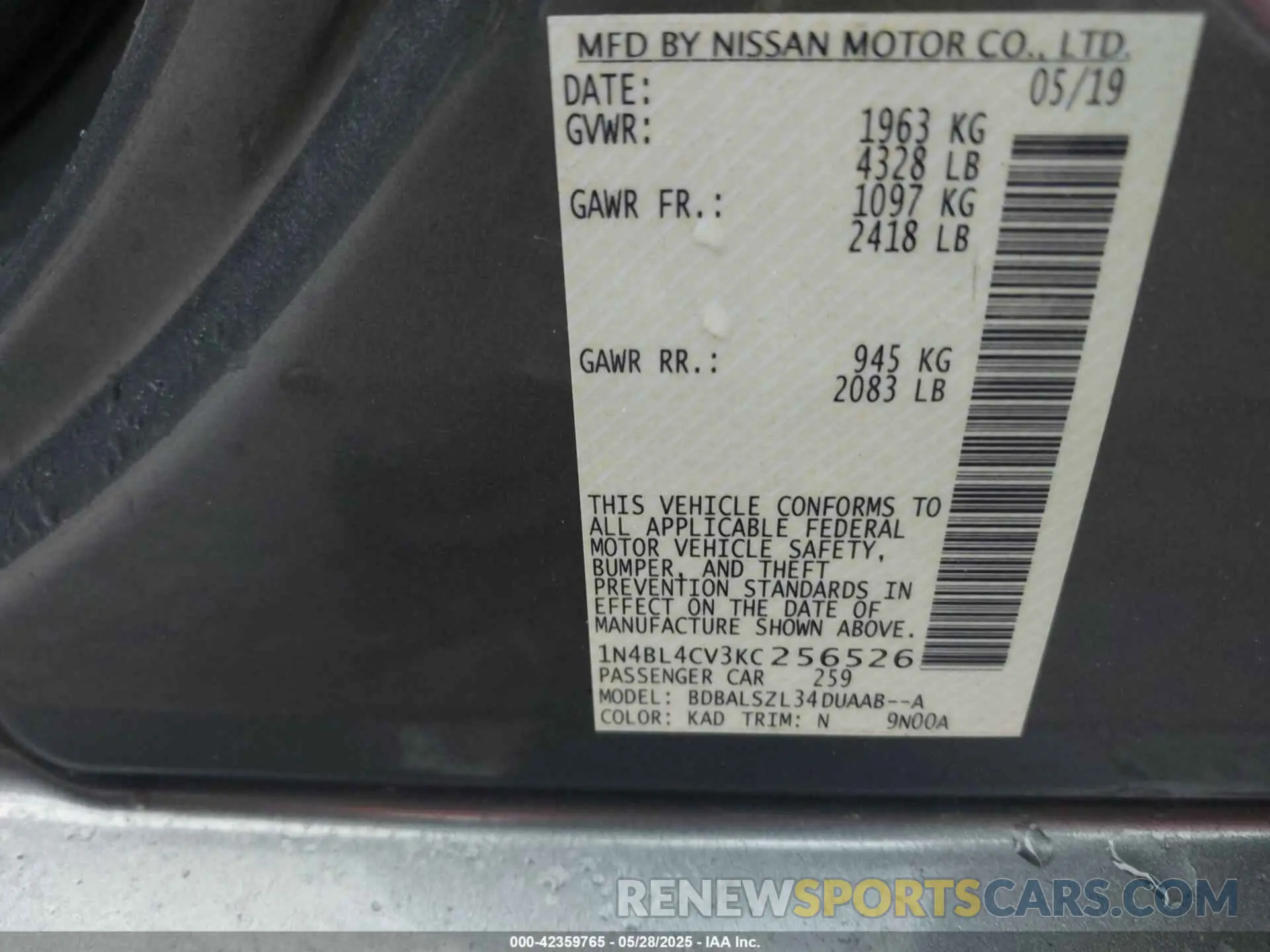 9 Photograph of a damaged car 1N4BL4CV3KC256526 NISSAN ALTIMA 2019