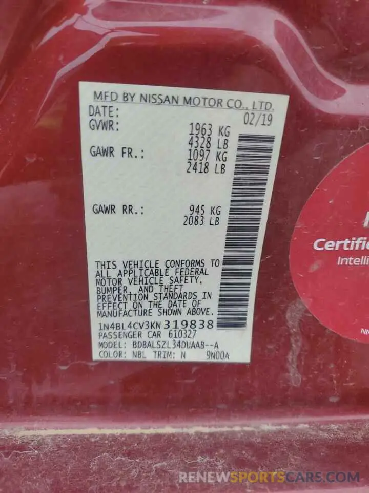 13 Photograph of a damaged car 1N4BL4CV3KN319838 NISSAN ALTIMA 2019