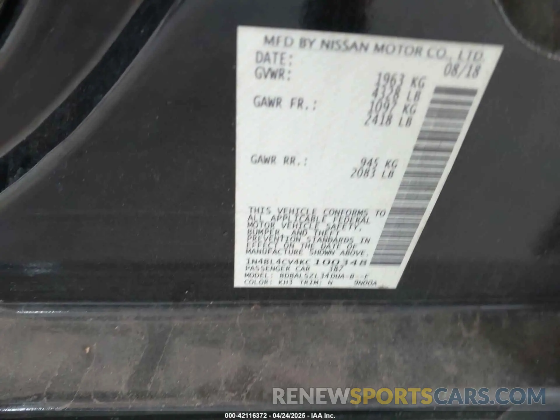 9 Photograph of a damaged car 1N4BL4CV4KC100348 NISSAN ALTIMA 2019