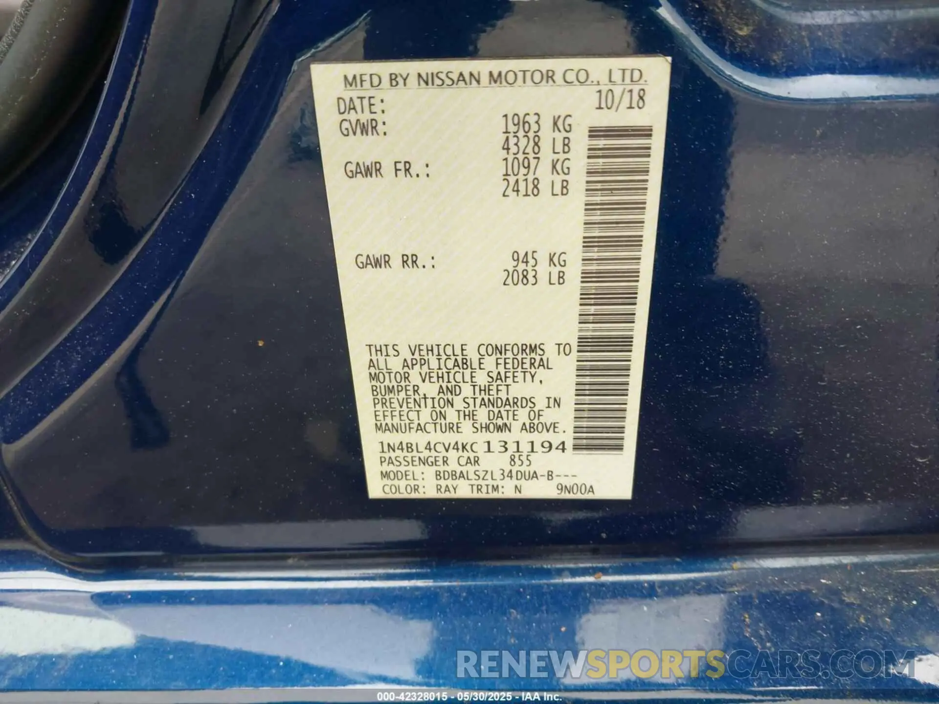 9 Photograph of a damaged car 1N4BL4CV4KC131194 NISSAN ALTIMA 2019