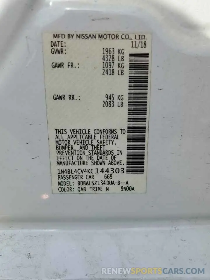 12 Photograph of a damaged car 1N4BL4CV4KC144303 NISSAN ALTIMA 2019