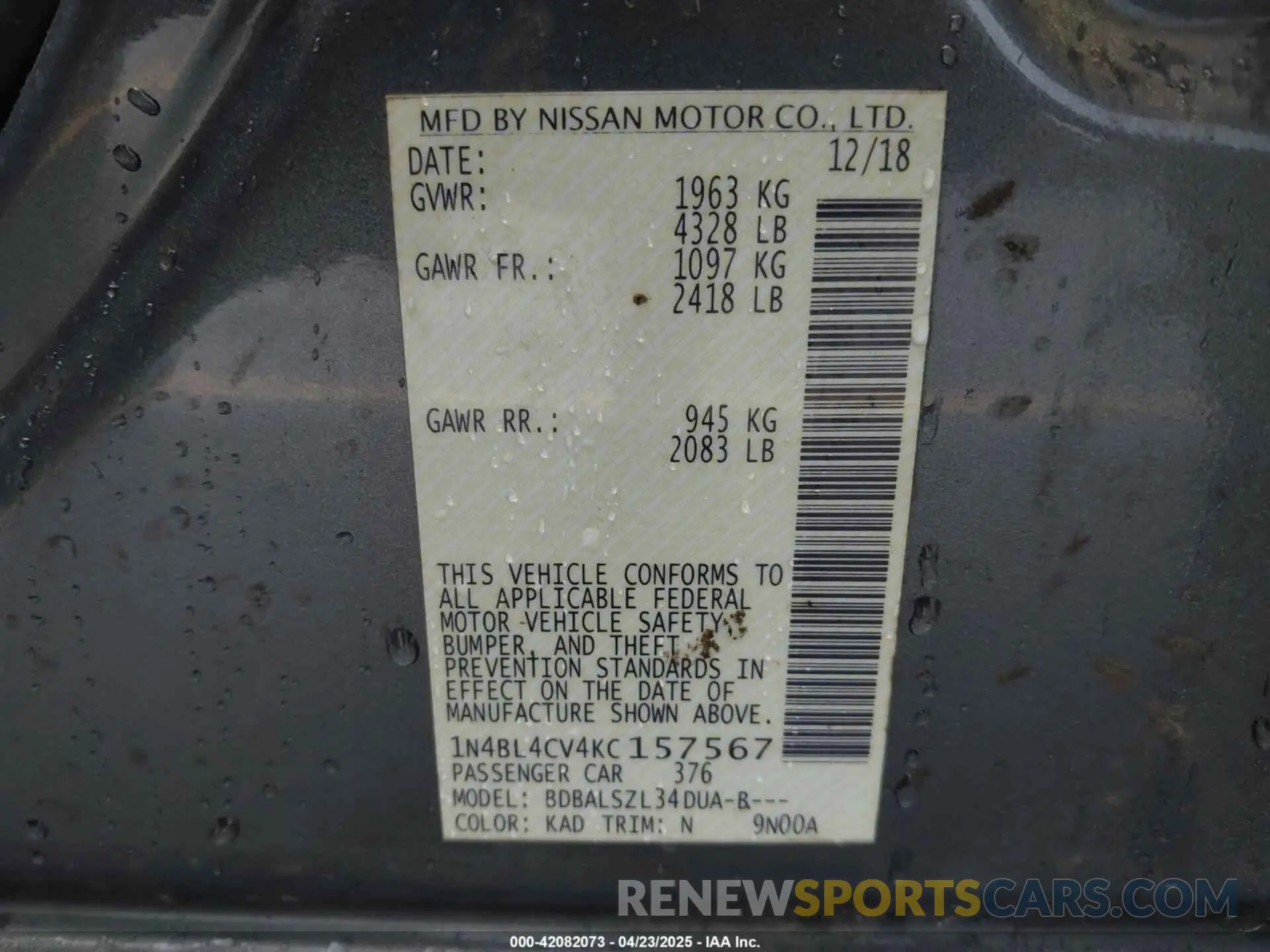 9 Photograph of a damaged car 1N4BL4CV4KC157567 NISSAN ALTIMA 2019