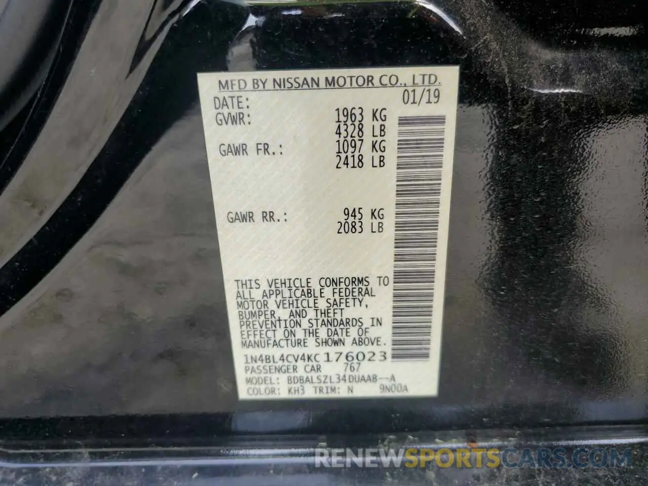 12 Photograph of a damaged car 1N4BL4CV4KC176023 NISSAN ALTIMA 2019