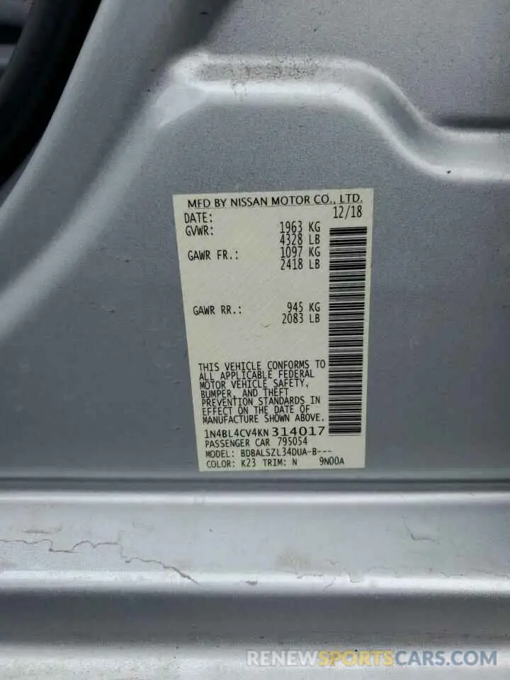 14 Photograph of a damaged car 1N4BL4CV4KN314017 NISSAN ALTIMA 2019