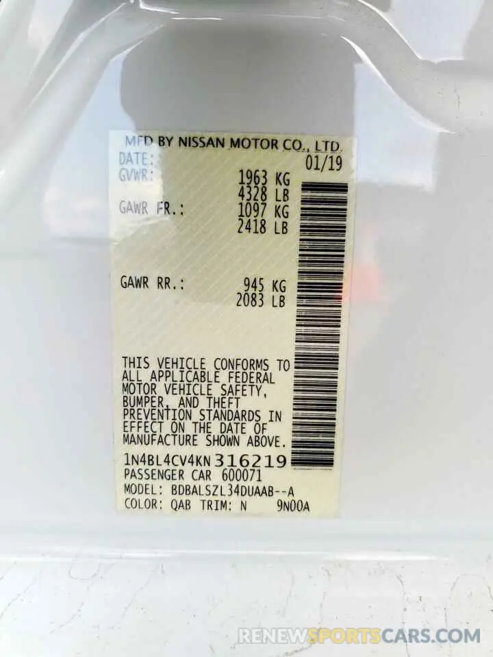 12 Photograph of a damaged car 1N4BL4CV4KN316219 NISSAN ALTIMA 2019