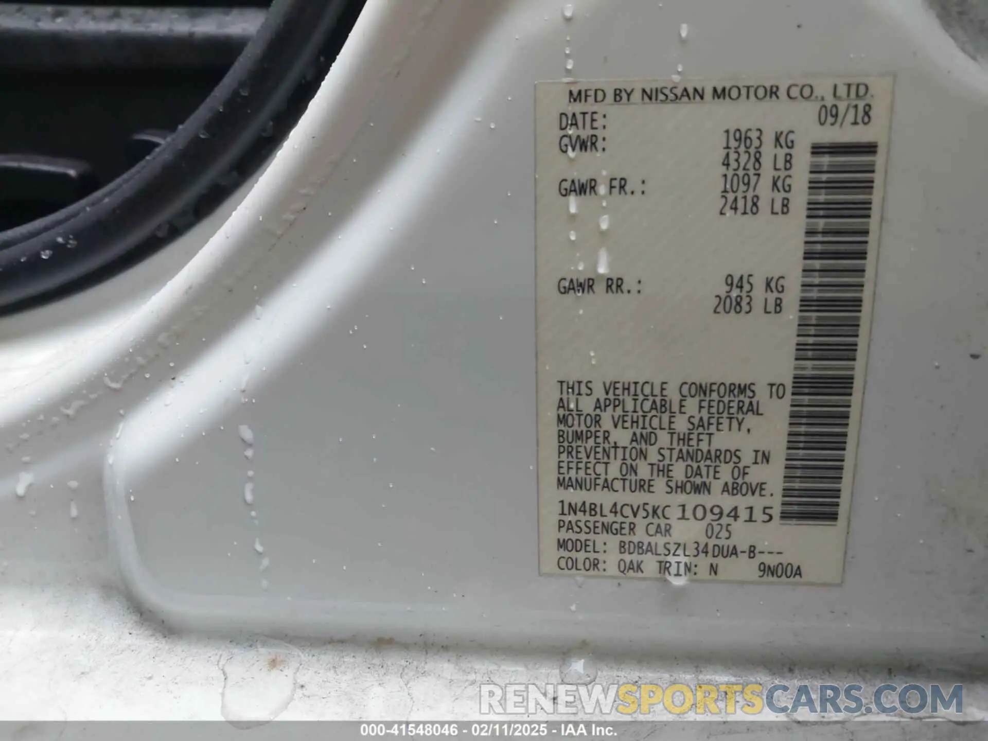 9 Photograph of a damaged car 1N4BL4CV5KC109415 NISSAN ALTIMA 2019