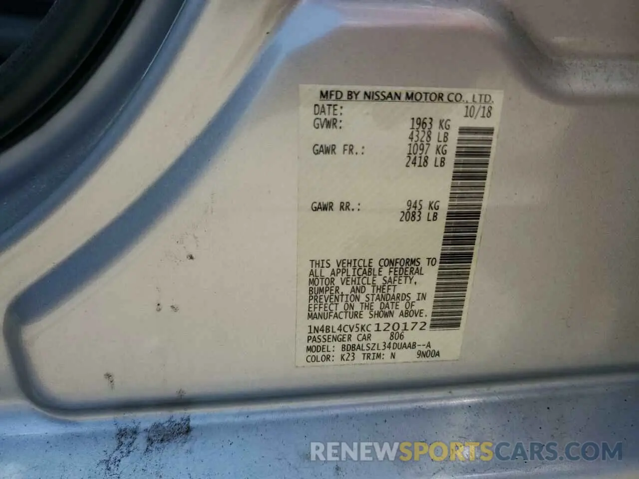 13 Photograph of a damaged car 1N4BL4CV5KC120172 NISSAN ALTIMA 2019