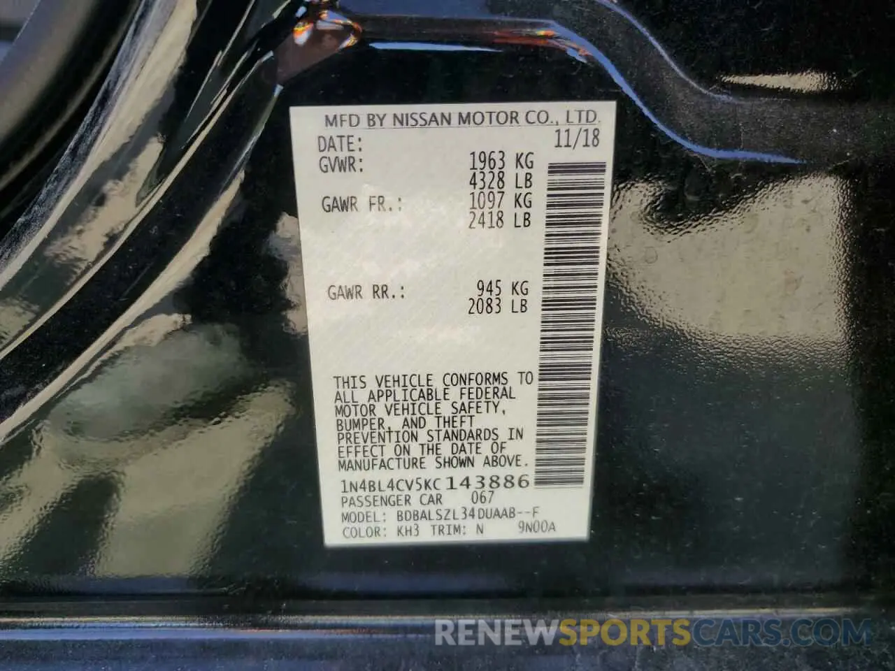 12 Photograph of a damaged car 1N4BL4CV5KC143886 NISSAN ALTIMA 2019