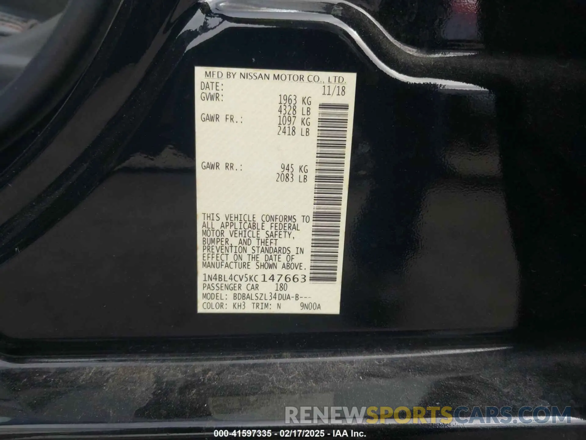 9 Photograph of a damaged car 1N4BL4CV5KC147663 NISSAN ALTIMA 2019