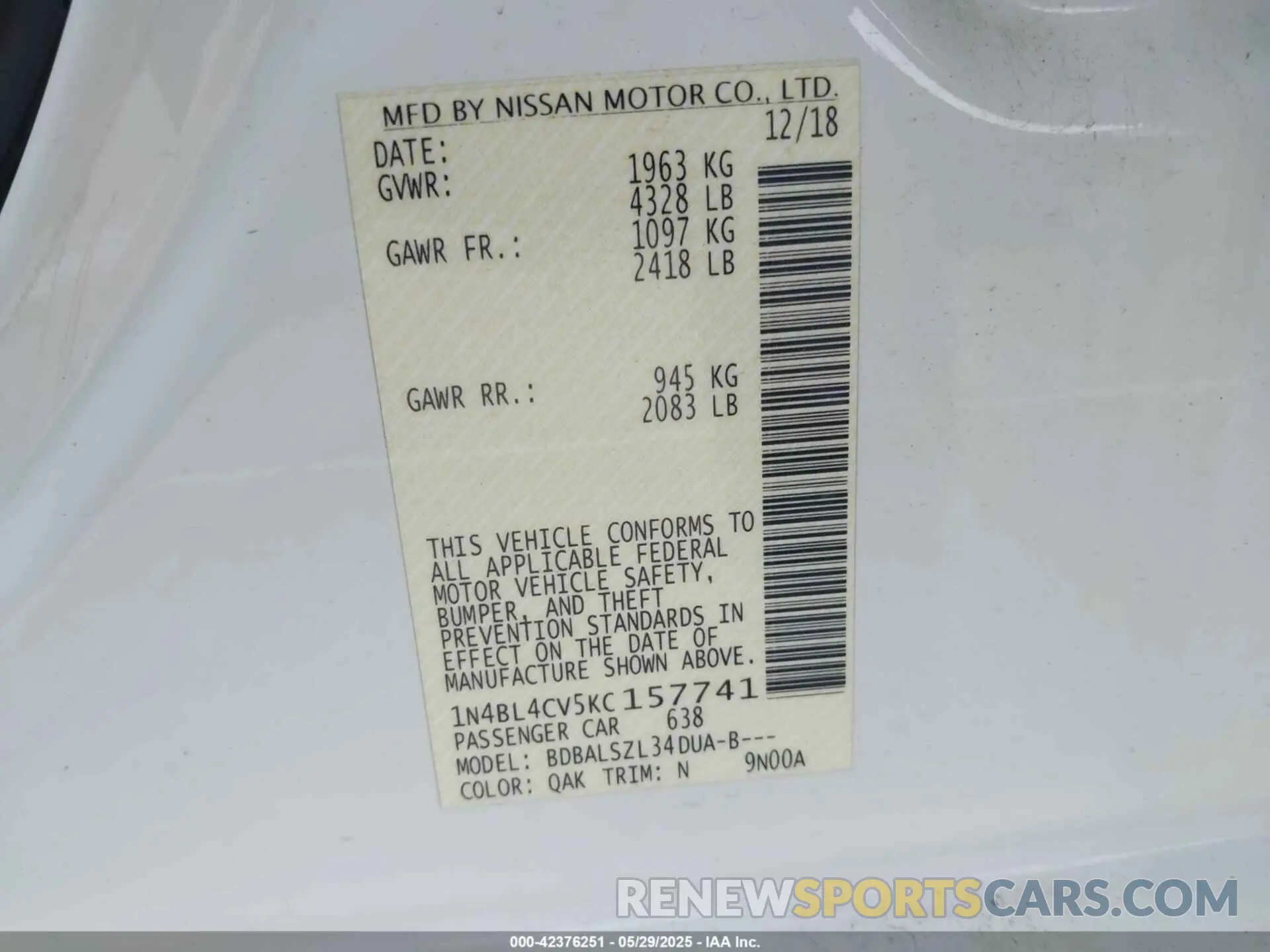 9 Photograph of a damaged car 1N4BL4CV5KC157741 NISSAN ALTIMA 2019