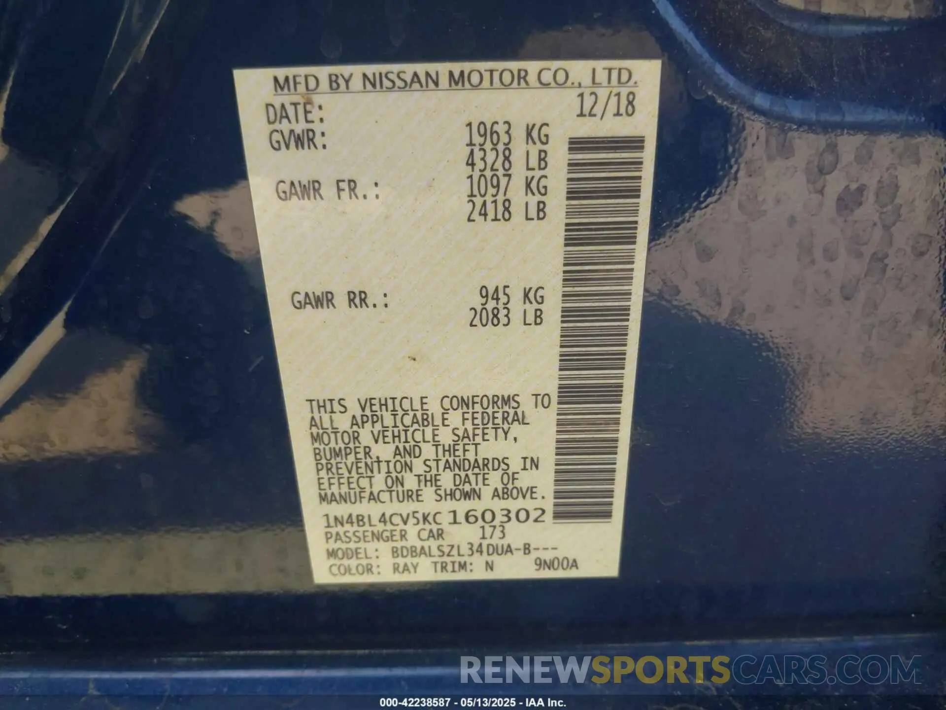 8 Photograph of a damaged car 1N4BL4CV5KC160302 NISSAN ALTIMA 2019