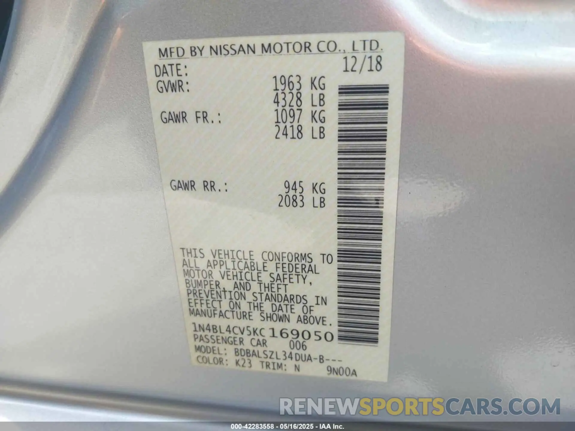 9 Photograph of a damaged car 1N4BL4CV5KC169050 NISSAN ALTIMA 2019
