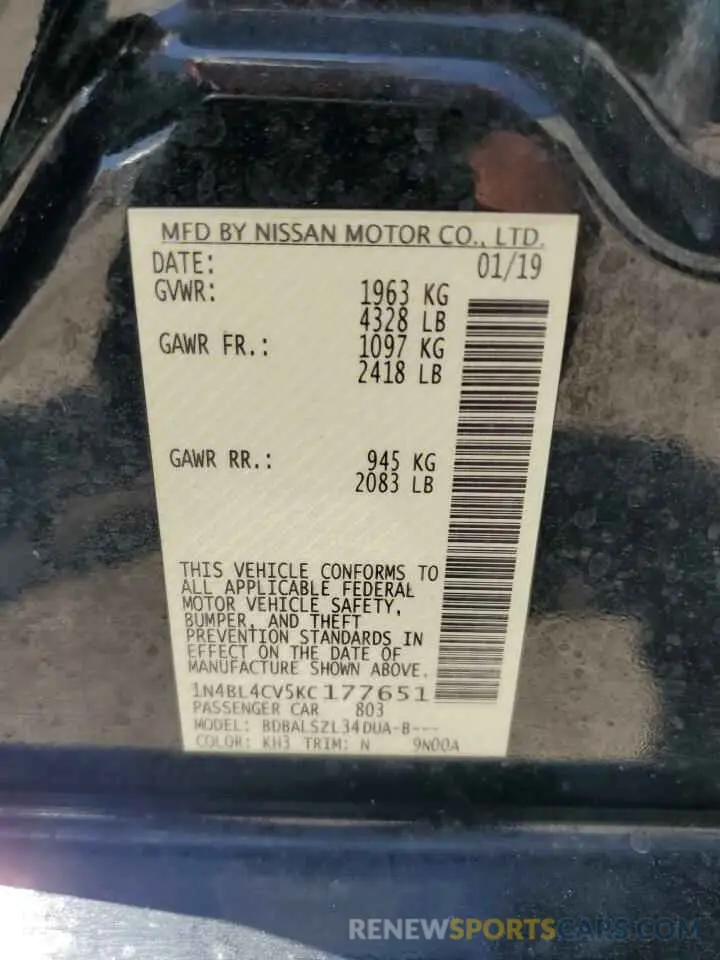 12 Photograph of a damaged car 1N4BL4CV5KC177651 NISSAN ALTIMA 2019