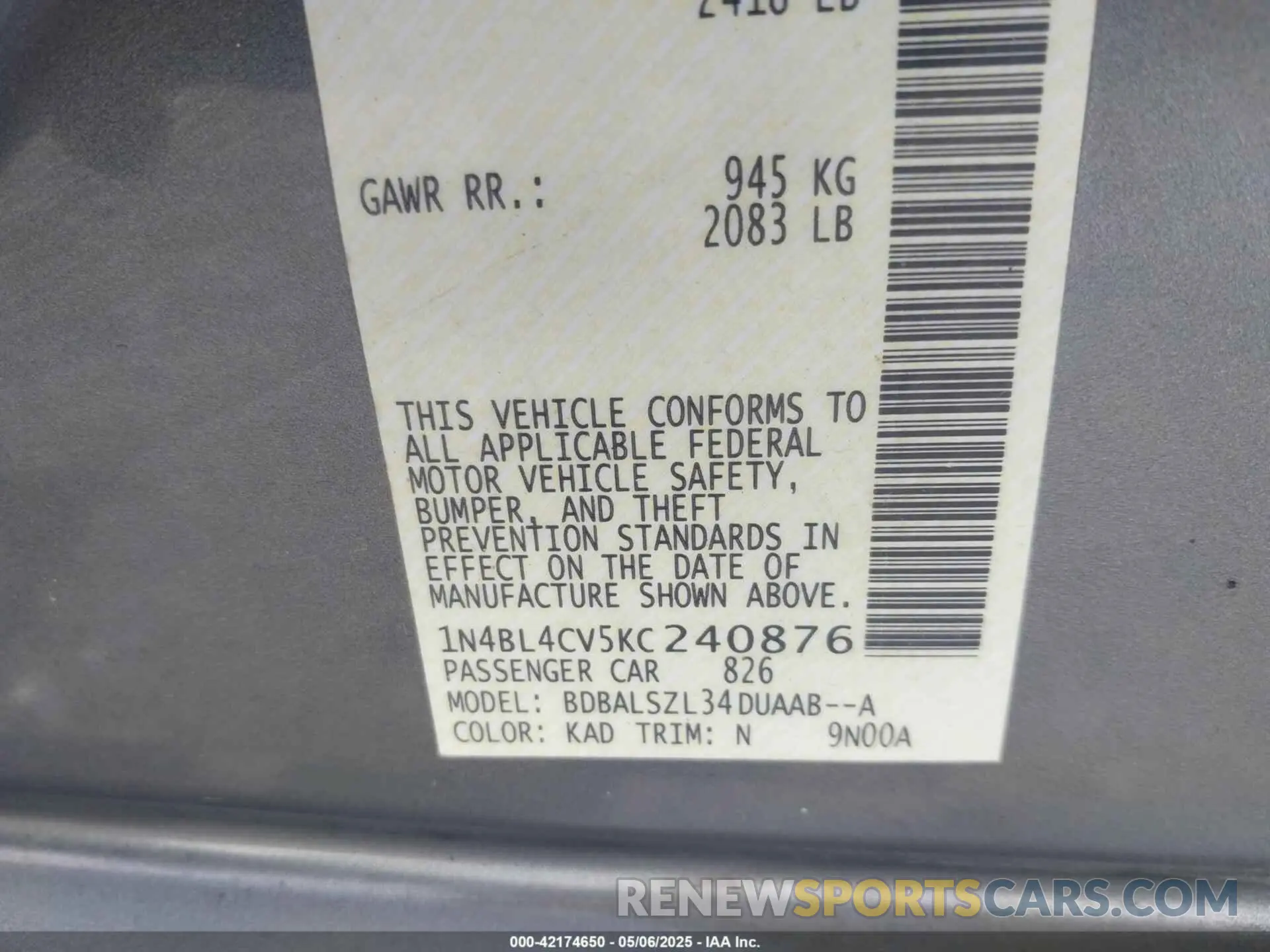 9 Photograph of a damaged car 1N4BL4CV5KC240876 NISSAN ALTIMA 2019