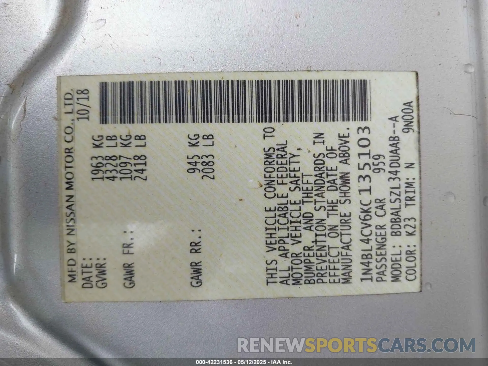 9 Photograph of a damaged car 1N4BL4CV6KC135103 NISSAN ALTIMA 2019