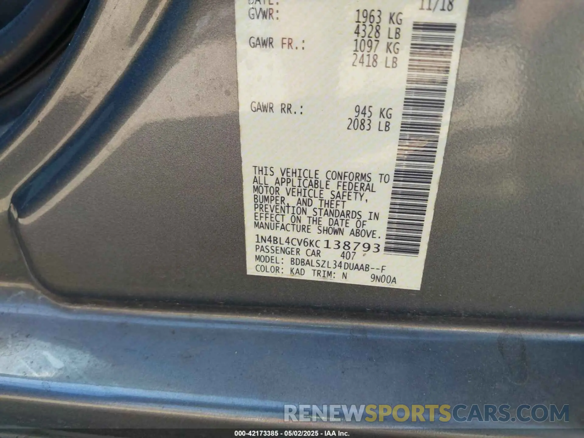 9 Photograph of a damaged car 1N4BL4CV6KC138793 NISSAN ALTIMA 2019