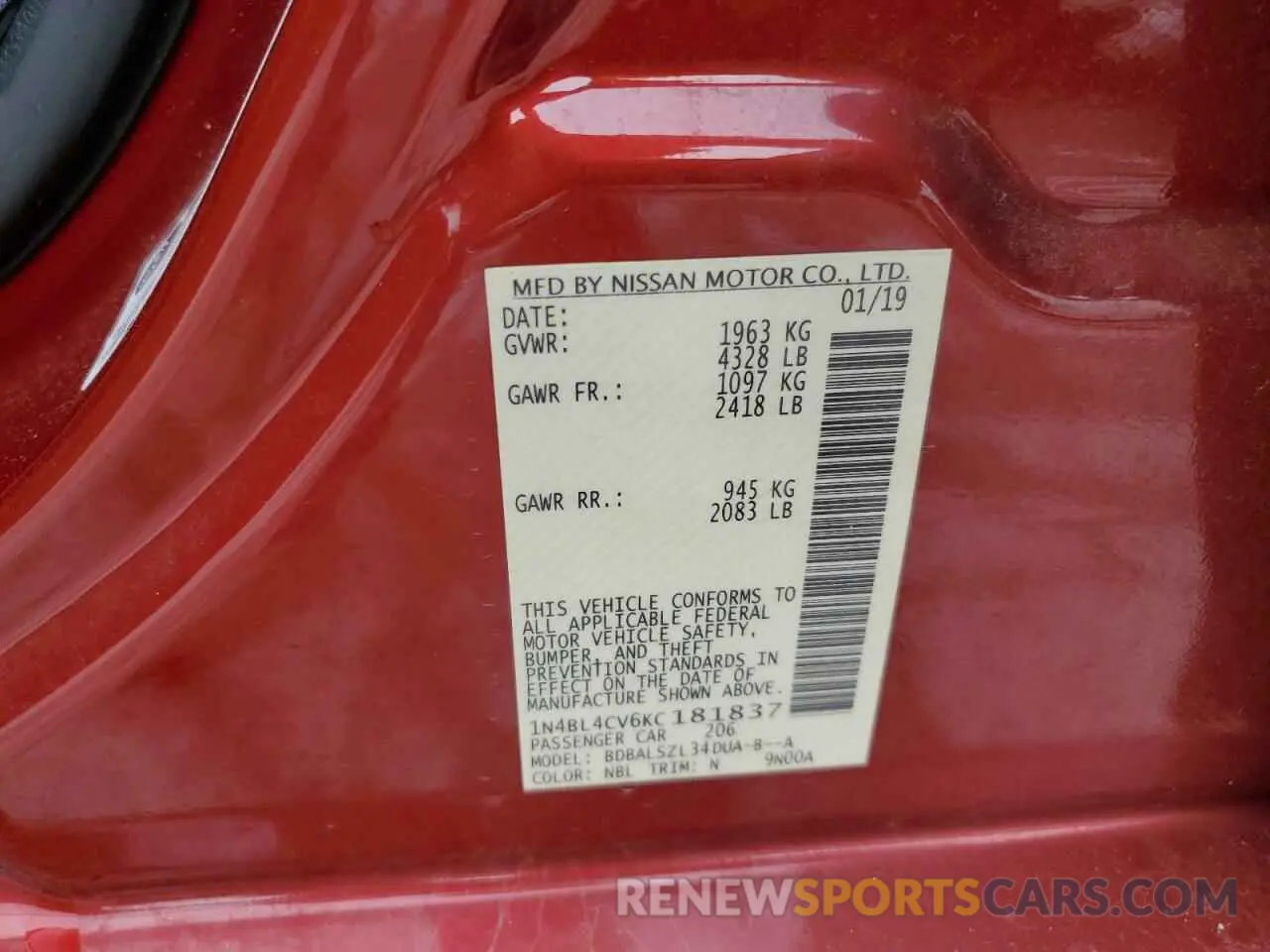 12 Photograph of a damaged car 1N4BL4CV6KC181837 NISSAN ALTIMA 2019