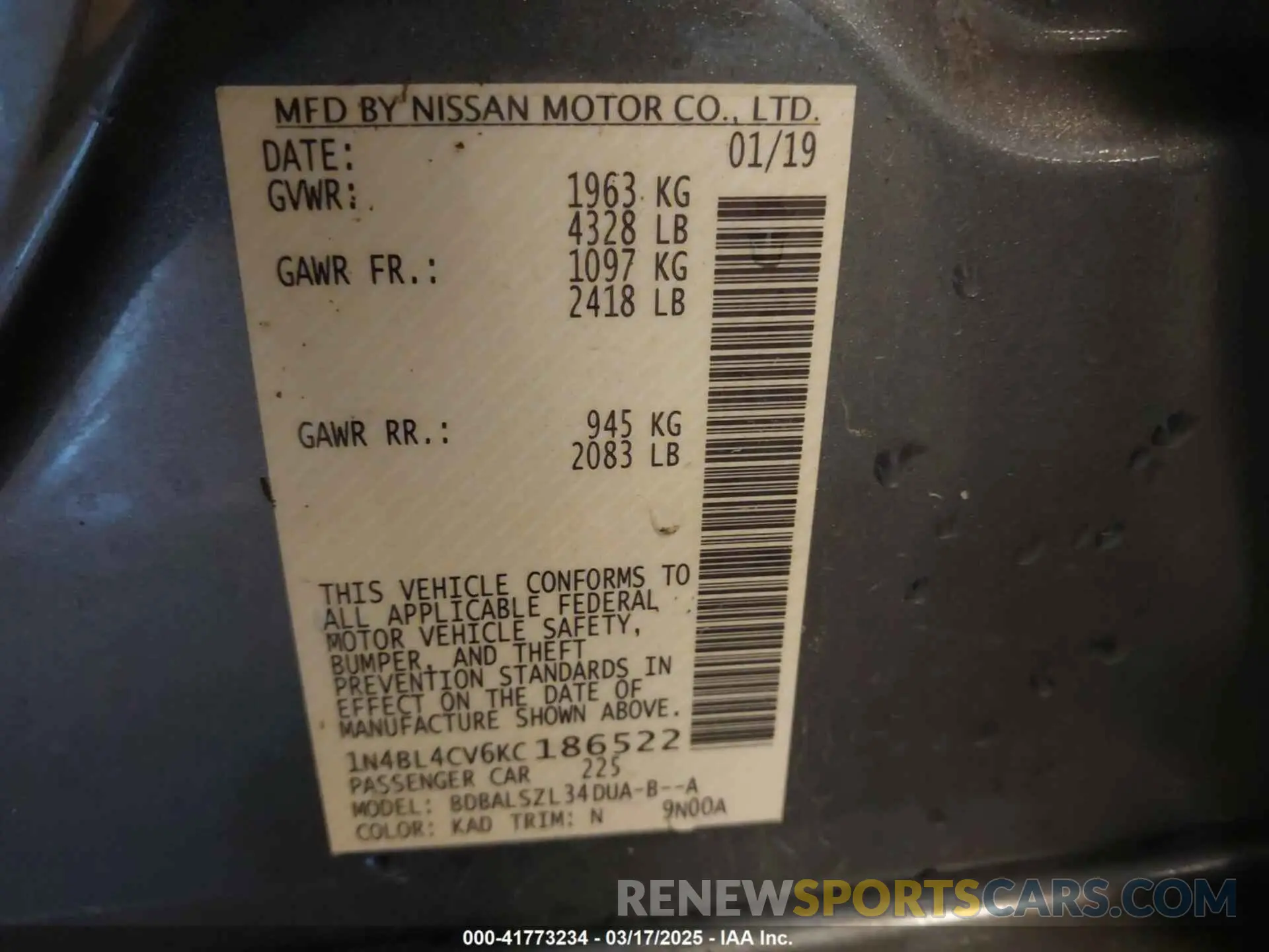 9 Photograph of a damaged car 1N4BL4CV6KC186522 NISSAN ALTIMA 2019
