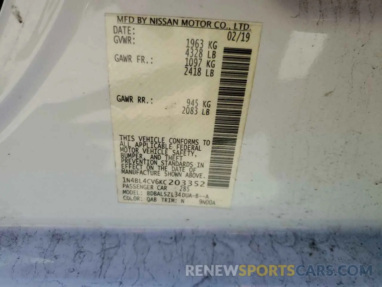 15 Photograph of a damaged car 1N4BL4CV6KC203352 NISSAN ALTIMA 2019