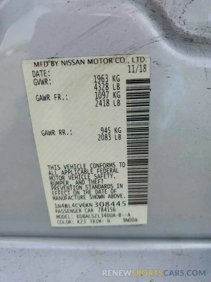 14 Photograph of a damaged car 1N4BL4CV6KN308445 NISSAN ALTIMA 2019