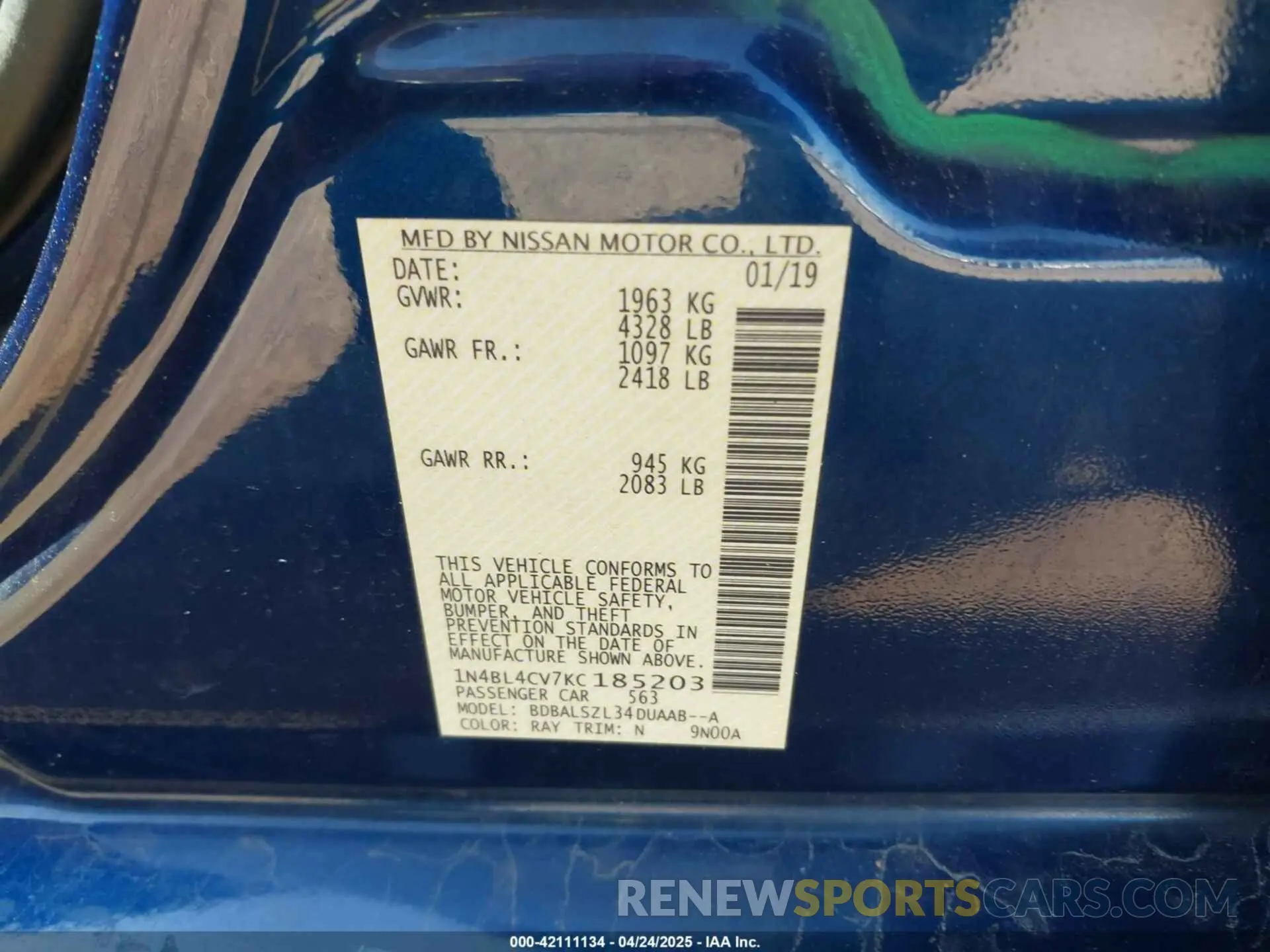 9 Photograph of a damaged car 1N4BL4CV7KC185203 NISSAN ALTIMA 2019