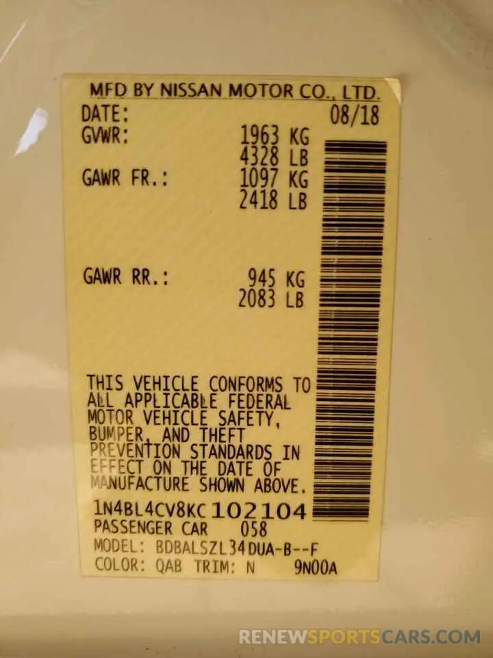 12 Photograph of a damaged car 1N4BL4CV8KC102104 NISSAN ALTIMA 2019