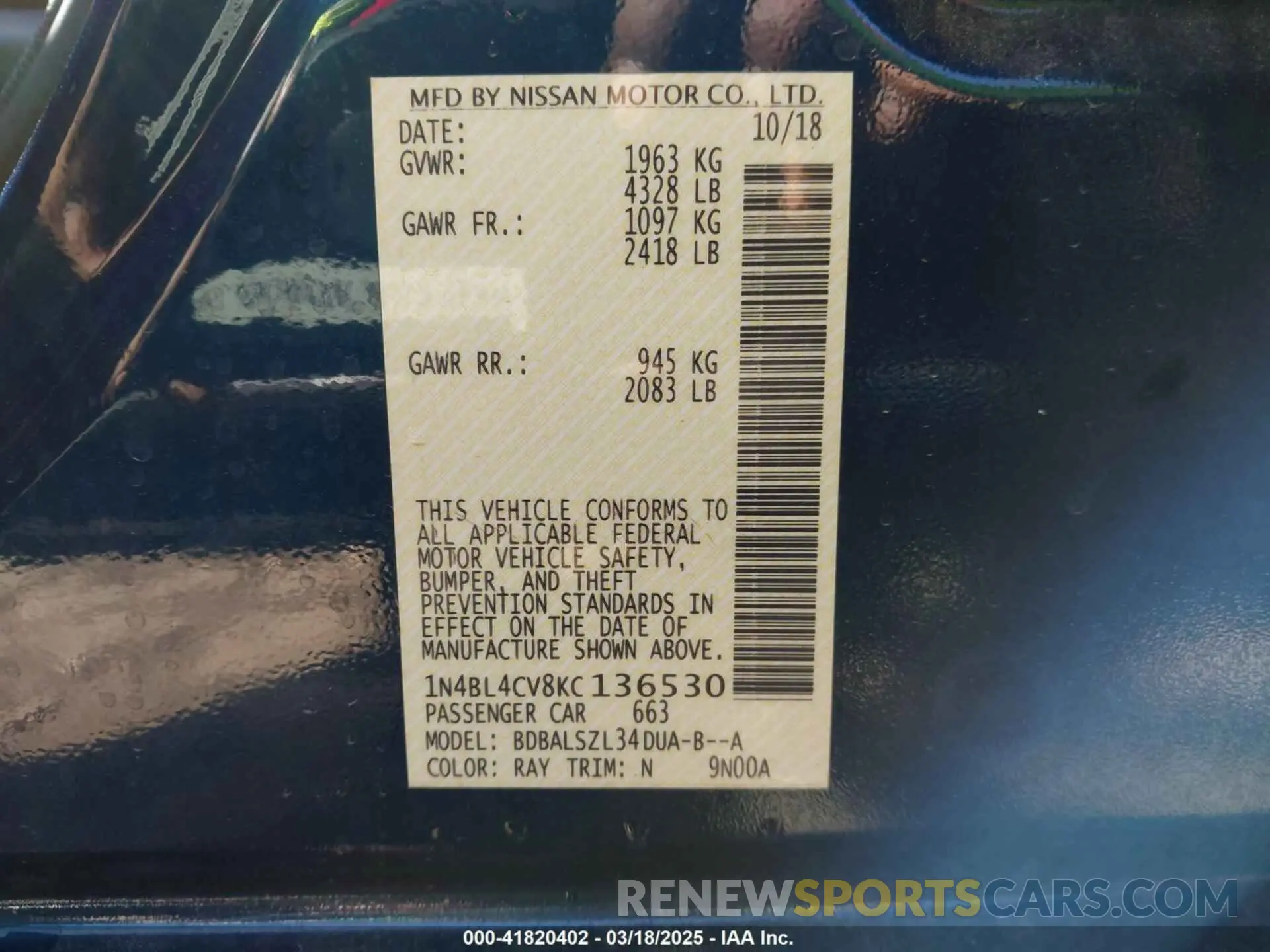 9 Photograph of a damaged car 1N4BL4CV8KC136530 NISSAN ALTIMA 2019
