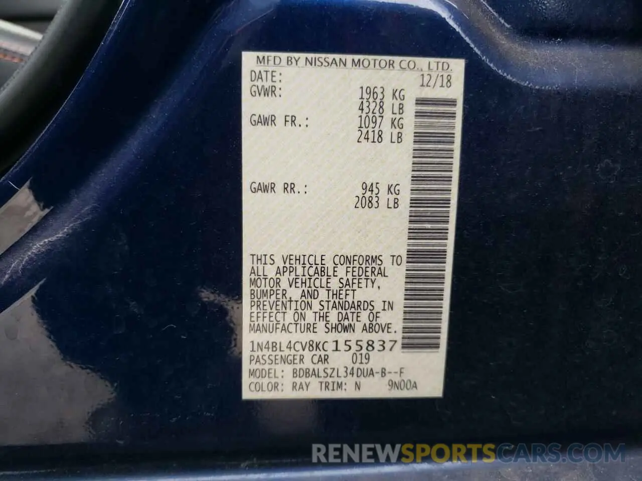 12 Photograph of a damaged car 1N4BL4CV8KC155837 NISSAN ALTIMA 2019
