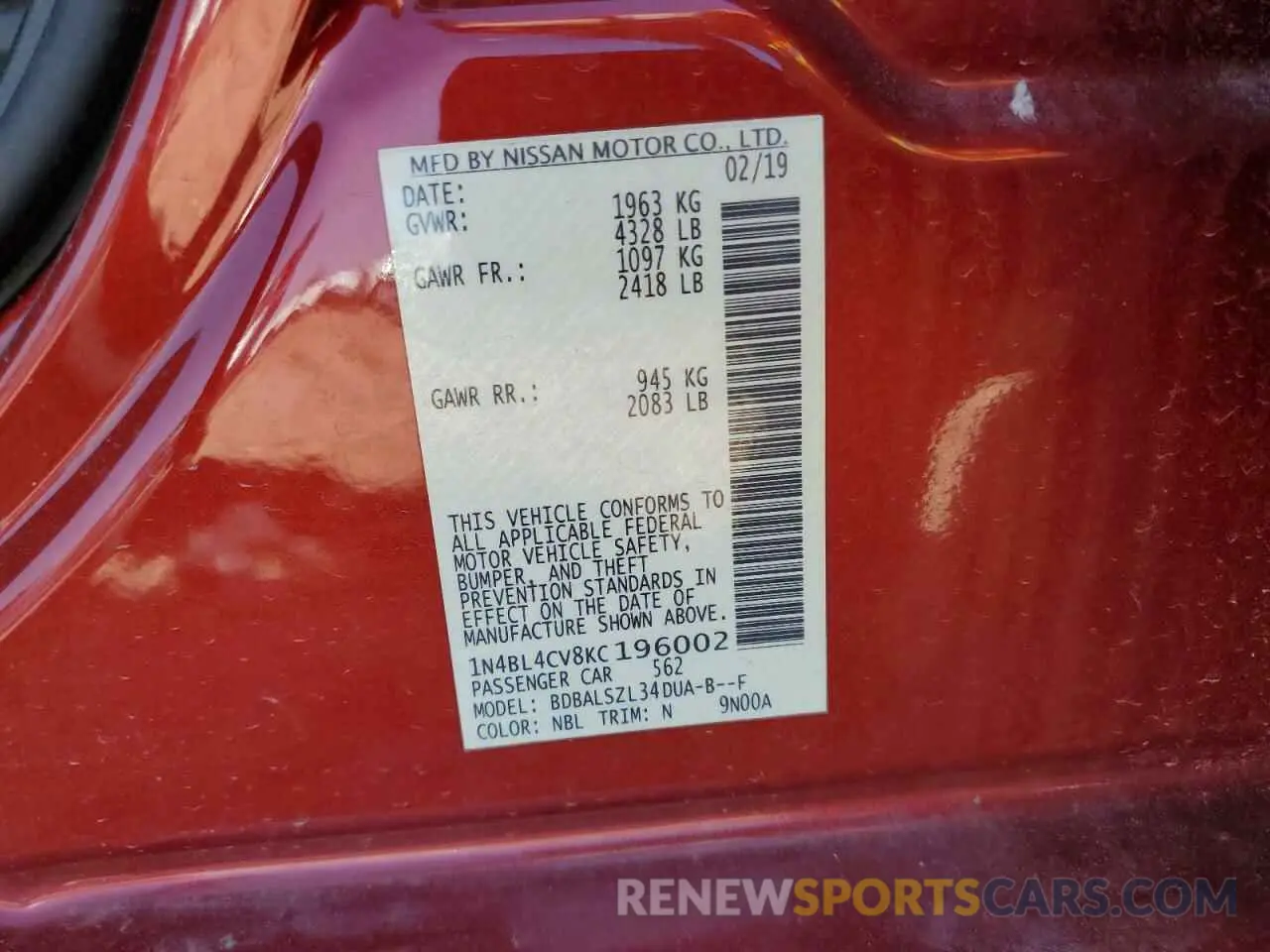 12 Photograph of a damaged car 1N4BL4CV8KC196002 NISSAN ALTIMA 2019