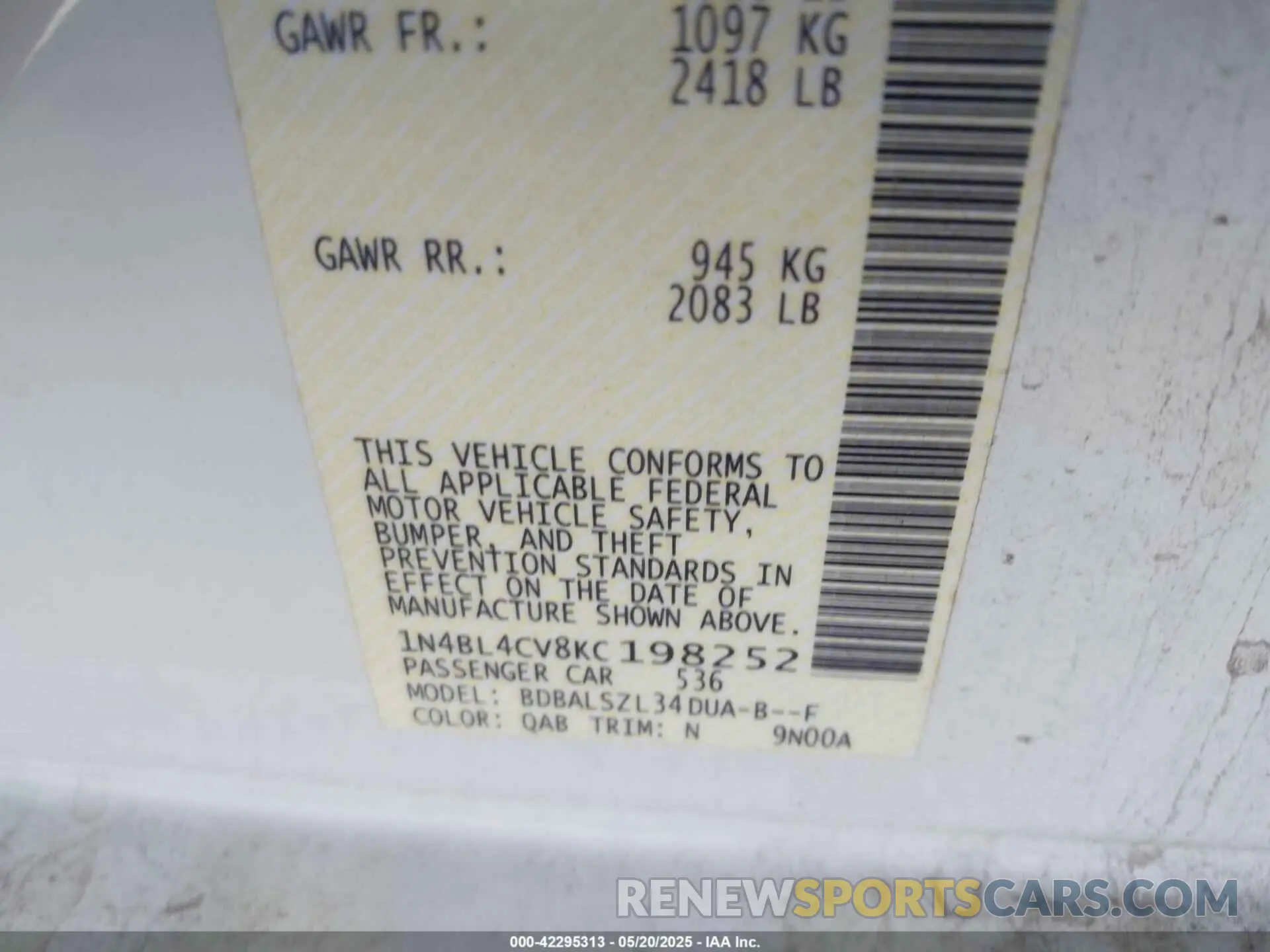 9 Photograph of a damaged car 1N4BL4CV8KC198252 NISSAN ALTIMA 2019