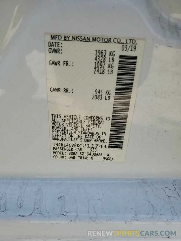 13 Photograph of a damaged car 1N4BL4CV8KC211744 NISSAN ALTIMA 2019