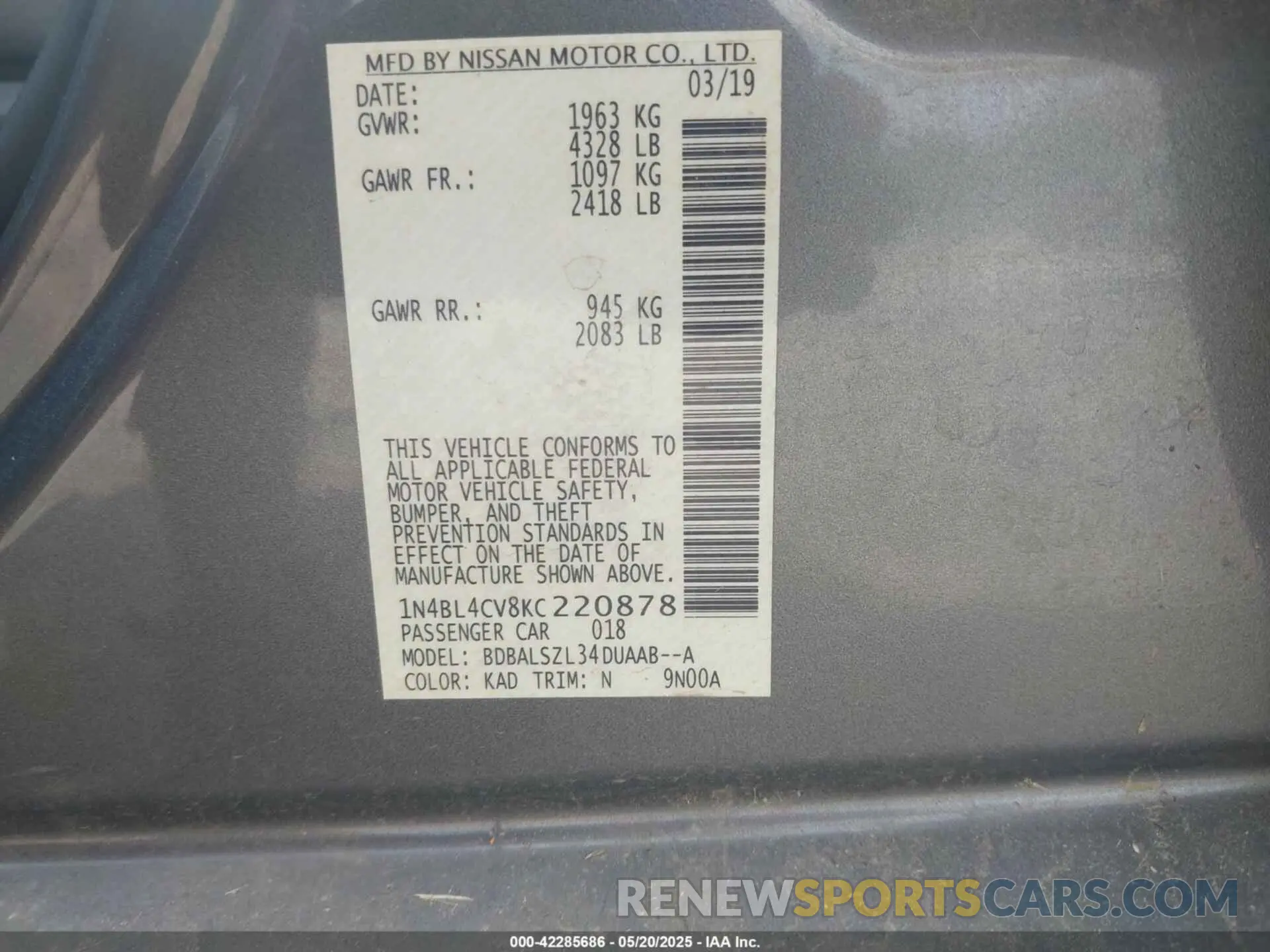 9 Photograph of a damaged car 1N4BL4CV8KC220878 NISSAN ALTIMA 2019