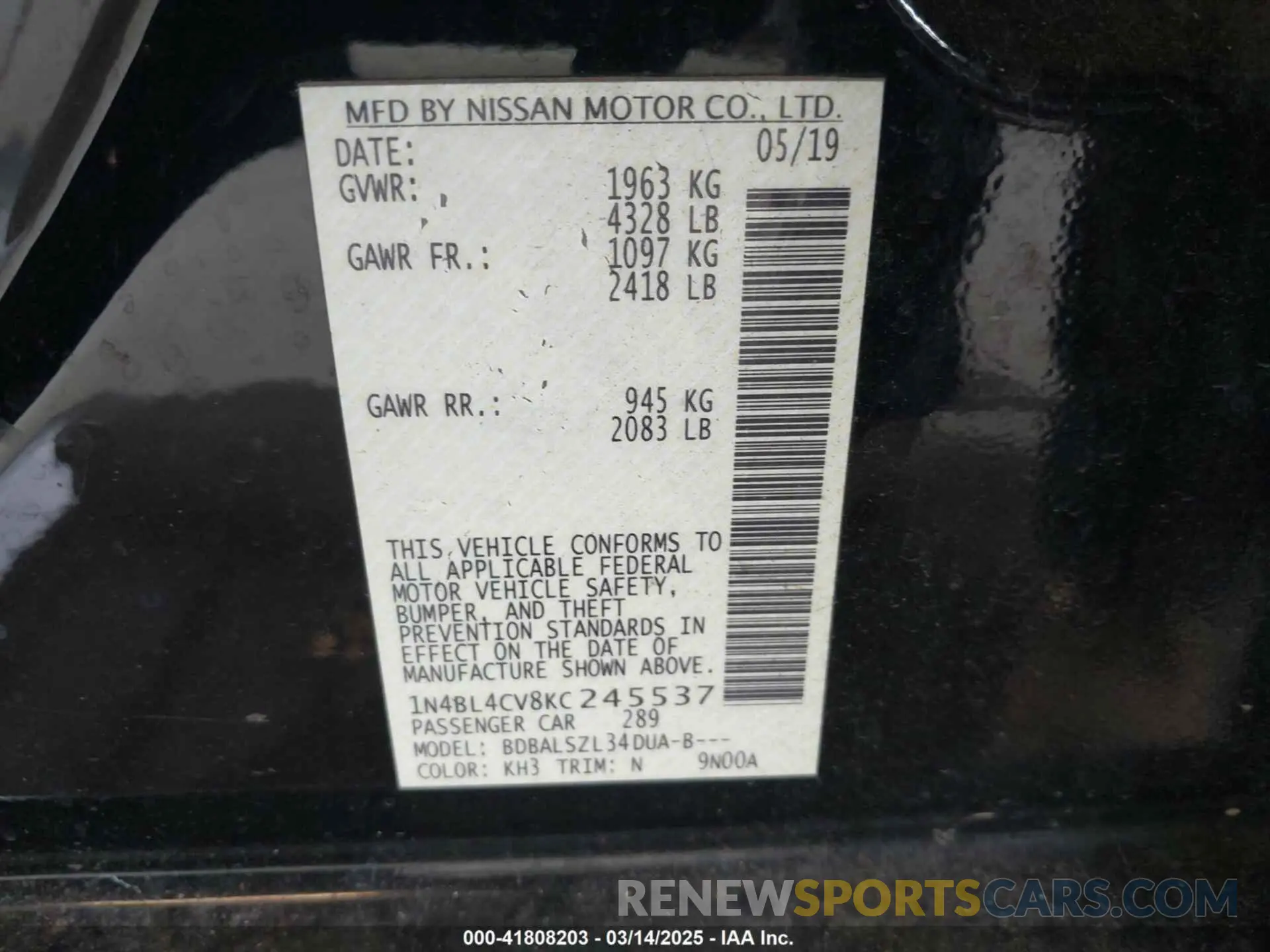 9 Photograph of a damaged car 1N4BL4CV8KC245537 NISSAN ALTIMA 2019