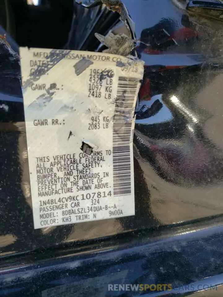 12 Photograph of a damaged car 1N4BL4CV9KC107814 NISSAN ALTIMA 2019