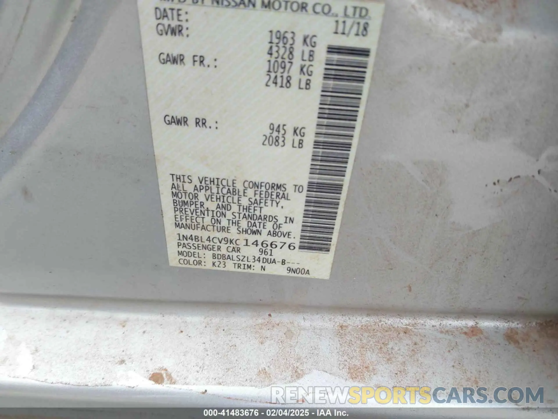 9 Photograph of a damaged car 1N4BL4CV9KC146676 NISSAN ALTIMA 2019