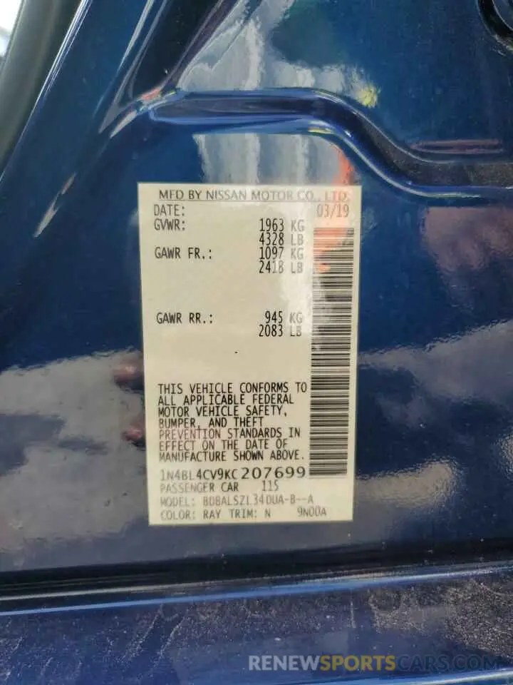 12 Photograph of a damaged car 1N4BL4CV9KC207699 NISSAN ALTIMA 2019