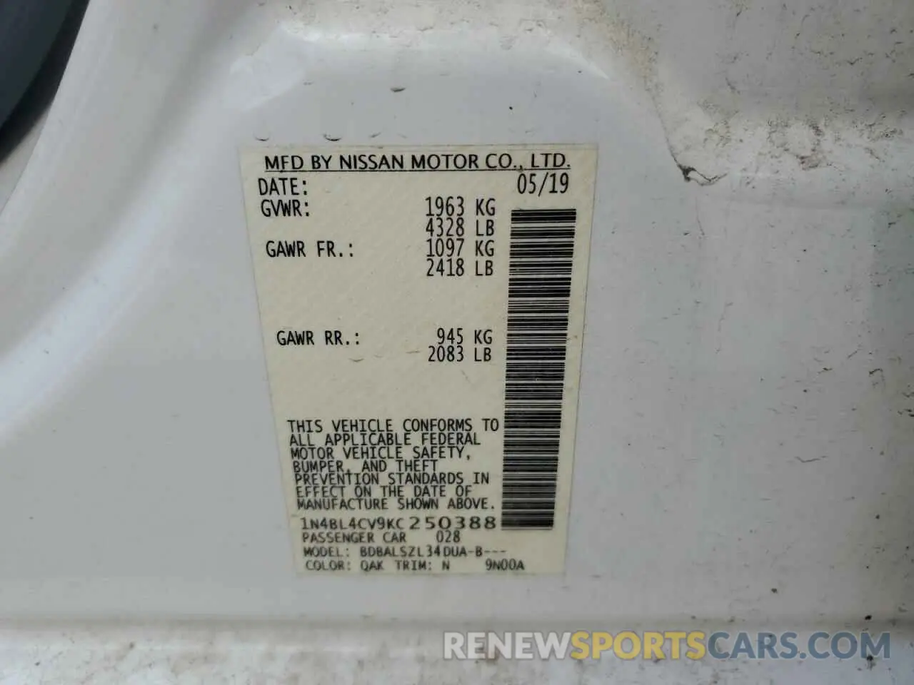 14 Photograph of a damaged car 1N4BL4CV9KC250388 NISSAN ALTIMA 2019