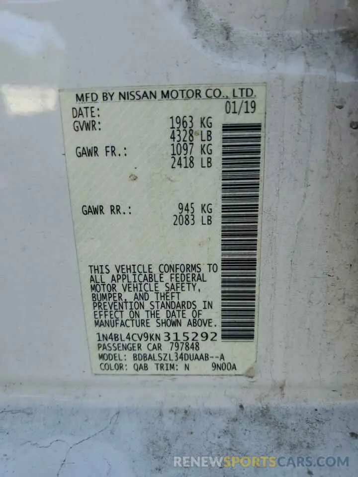 13 Photograph of a damaged car 1N4BL4CV9KN315292 NISSAN ALTIMA 2019