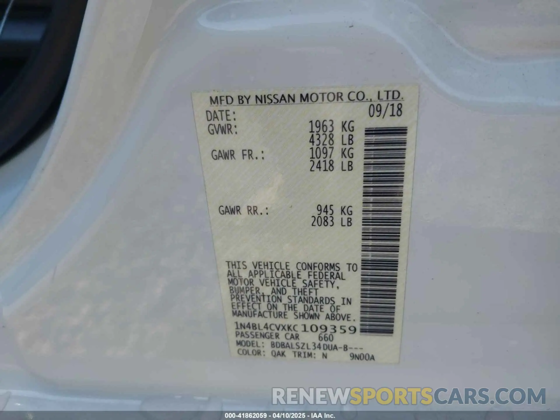 9 Photograph of a damaged car 1N4BL4CVXKC109359 NISSAN ALTIMA 2019